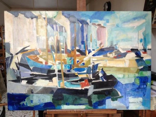 Peinture XXème, refixage de la toile, pose d'enduit et réintégration picturale